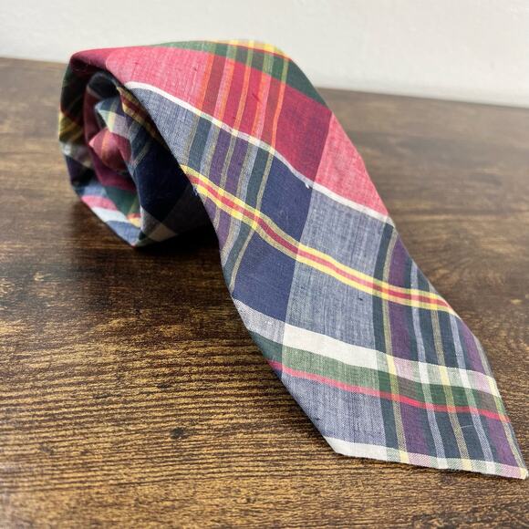 Reis of New Haven Neck Tie Mark Fore Strike Plaid Linen Cotton Holiday Work VTG - Picture 2 of 8